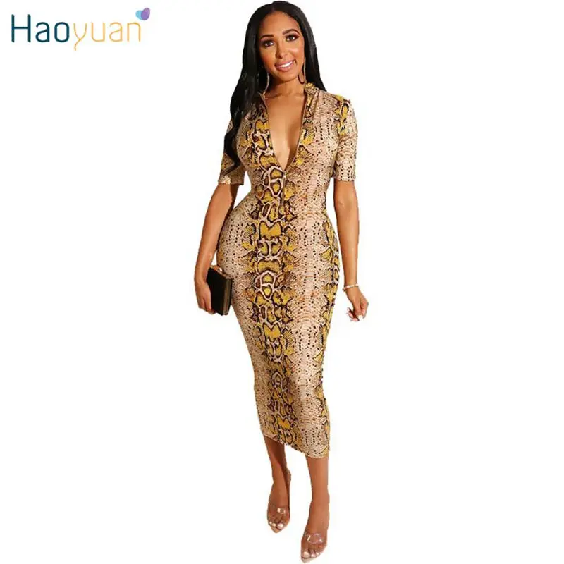 HAOYUAN Летний принт змеиной кожи сексуальное платье миди женское платье Vestidos с коротким рукавом облегающее платье изящная упаковка Бальные платья