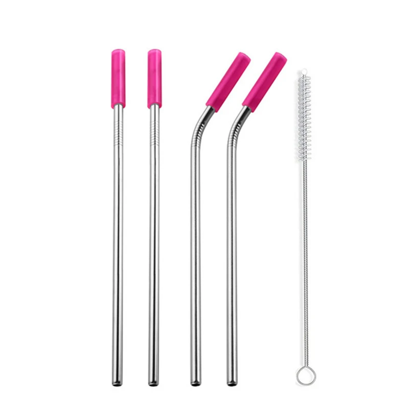 Pink-B EIMAI 4 шт. красочные многоразовые силиконовые наконечники крышка из нержавеющей стали питьевой соломинка металлическая соломинка с кисточкой набор барный инструмент - Цвет: Pink-B