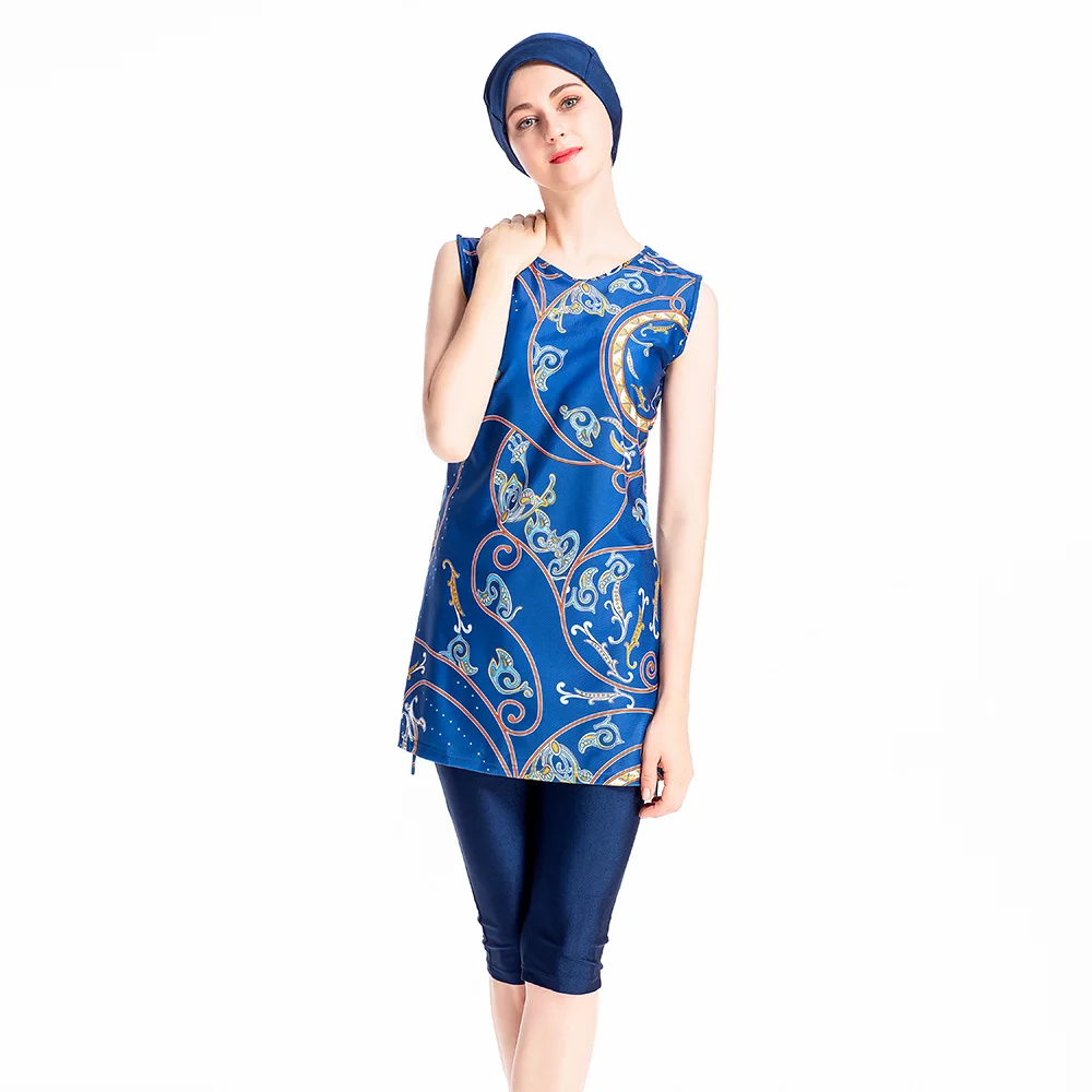 

2018 Muslim New Print Sleeveless Split Swimwear Middle Eastern Islamic Ladies' Modest Swimwear Beach Sports Clothes Badedragt