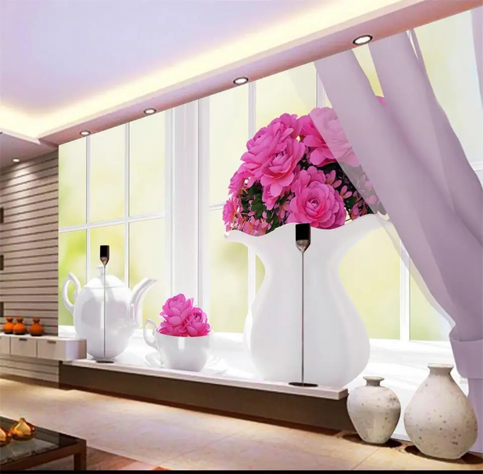 

3d обои на заказ, фотообои для гостиной, окна, цветок, китайская бутылка, 3d живопись, ТВ, диван, фоновые настенные нетканые обои