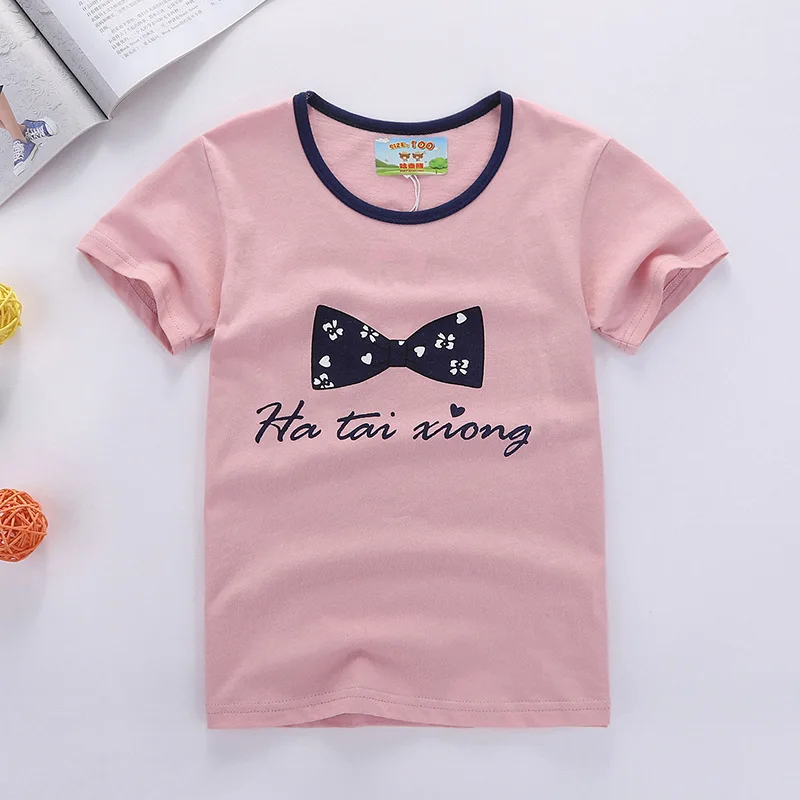 Pink bowtie Футболки для маленьких мальчиков и девочек хлопок мультяшный плюшевый мишка детская футболка Топы костюм летняя повседневная детская одежда розовый - Цвет: Pink bowtie