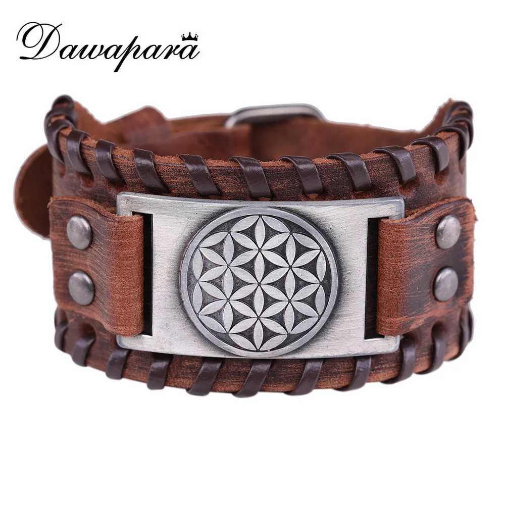 Dawapara Flower Of Life Vintage Bangles For Men Handmade Brown Wide Leather Bracelets Man Amulet Jewelry BROWNB109576-9-W-L | Украшения и