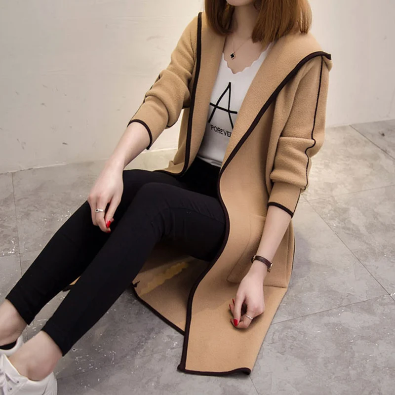 2021 Women Knitted Cardigan Mid Long Sweater Jacket Spring Loose Hooded Top Autumn Temperament Coat DITING0127 |