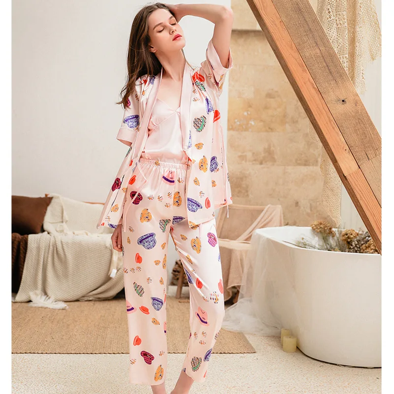 Новые 3 шт женские пижамы наборы с брюками сексуальная пижама атласная ночная