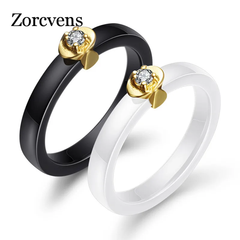 Женское кольцо ZORCVENS черное/белое керамическое золотого цвета с кубическим