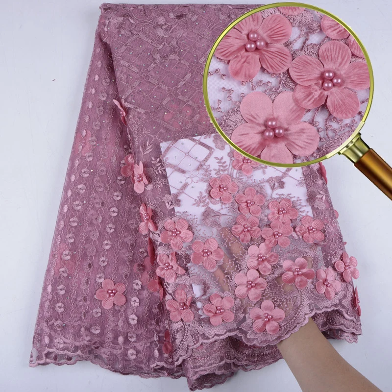 

Champagne Gold African French Tulle Net Lace With 3D Flowers&Beads For Bridal Dress Nigerian Tulle Lace 2019 With Appliques1543B