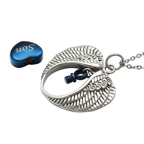

JJ002 Angel Wing Hold Blue Heart Cremation Urn Necklace For Loved Ones Ashes Keepsake Memorial Pendant Jewelry - Custom Engrave