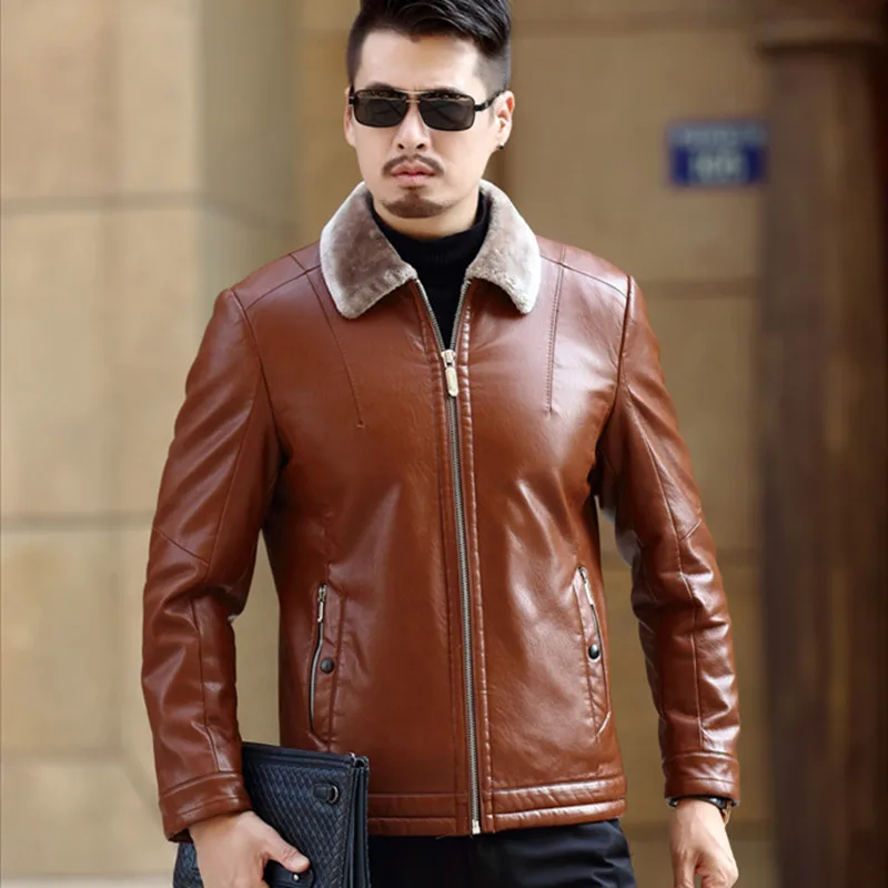 Men's Leather Jackets Men High Quality Winter Fleece PU Coats Classic Motorcycle Bike Jacket Male Warm Wide-Collared Outerwear