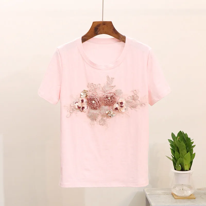 2020 Летняя женская футболка с тяжелой вышивкой бисером цветочные дикие коротким