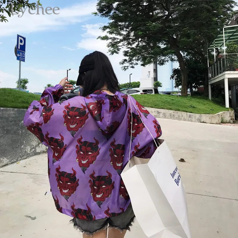 Lychee Харадзюку с принтом демона Летняя женская блузка панк готика Повседневная Свободная рубашка с коротким рукавом топы женские