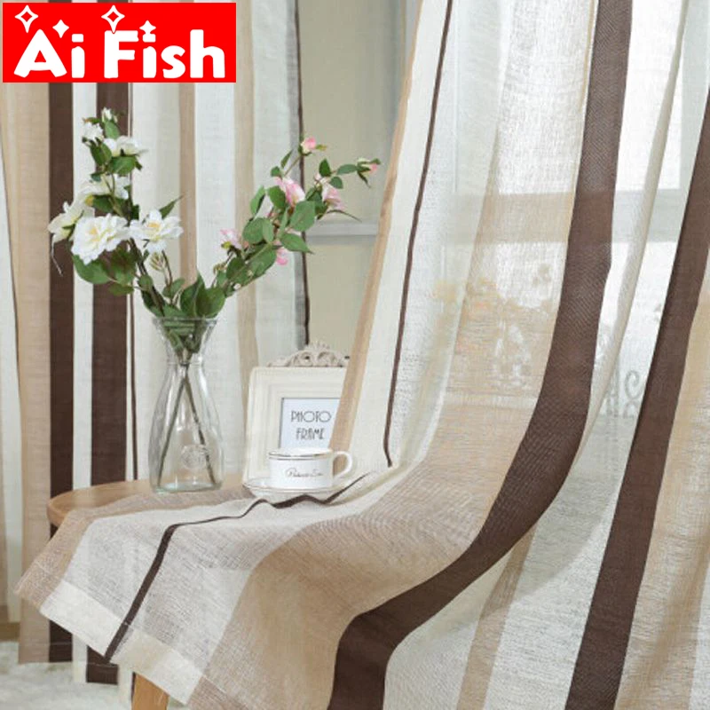 

Modern Brief All-match Flax Curtains Fabric Window For Striped Coffee Luxury Tulle Decorative Curtains for living room AP222 &20