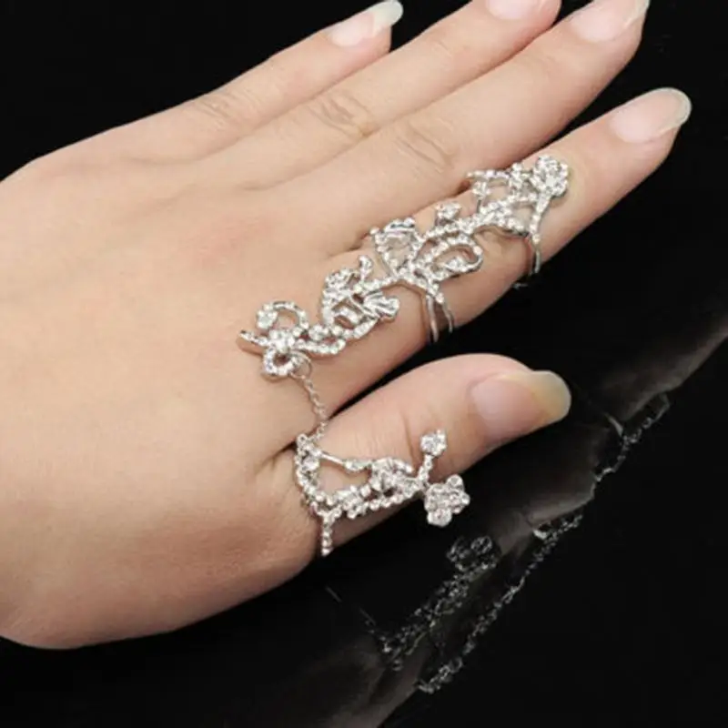 New Fashion Chain Link Ring Full Rhinestone Vintage Flower Double Finger Rings For Women Girl Party Jewelry Gift Accessories | Украшения и