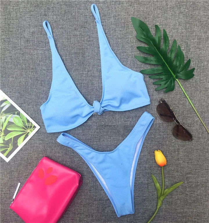 Solid Women Knoted Swimsuit Brazilian Bikini Set High Waist Thong Sexy Swimwear Female 2018 Bathing Suits Plavky Biquinis | Женская