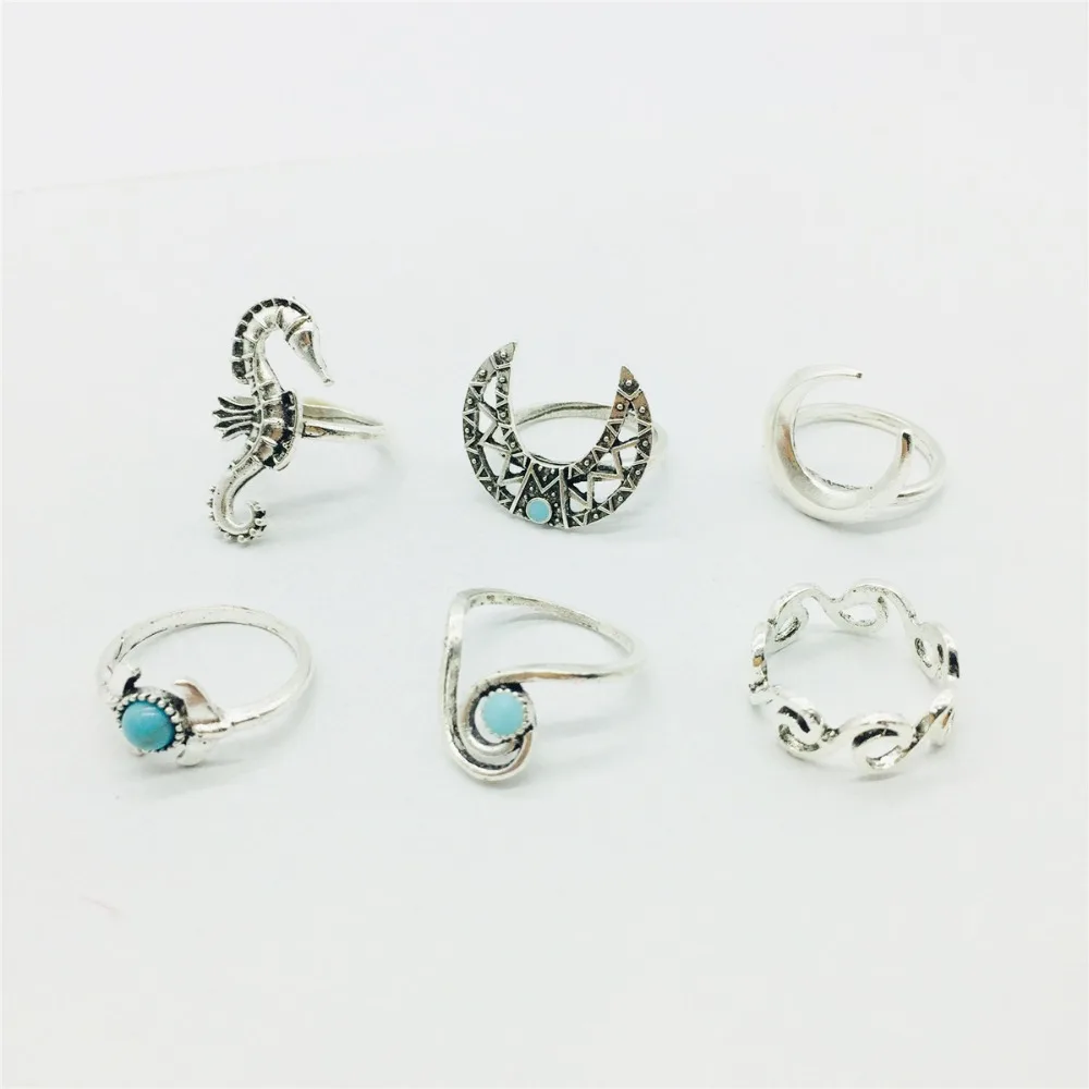 Набор из 6 колец для суставов с винтажным резным дизайном морского конька и