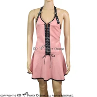 baby pink and black sexy latex dress with lacing at front rubber bodycon playsuit lyq 0066