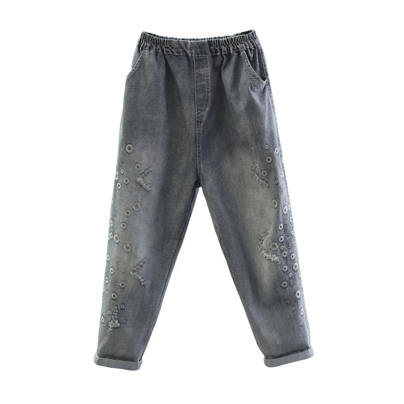 Spring Jeans Loose Elastic Waist Casual Women Denim Pants 2019 New Female Embroidery pocket hole Vintage Trousers |