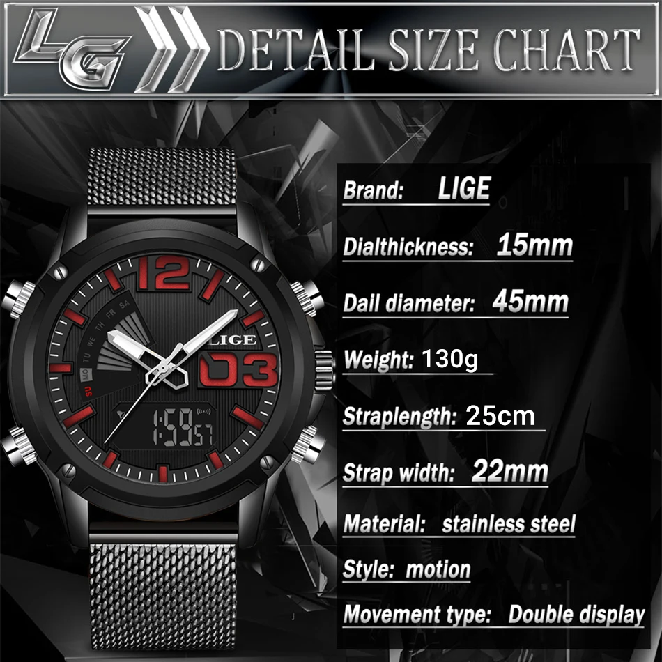 Часы наручные LIGE Мужские кварцевые Светодиодные люксовые Брендовые спортивные