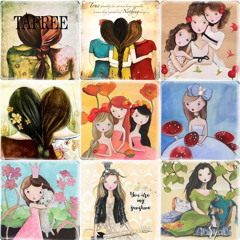 

TAFREE Best Friend image Square Shape Flat Back Clear Glass Cabochon Cameo Jewelry Finding 12mm 5pcs/lot