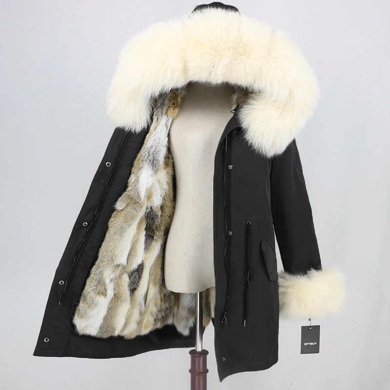 black beige OFTBUY, зимняя куртка для женщин, натуральный мех, пальто, водонепроницаемая парка, натуральный Лисий мех, воротник, манжеты, мех кролика, подкладка, верхняя одежда, съемная, Новинка - Цвет: black beige
