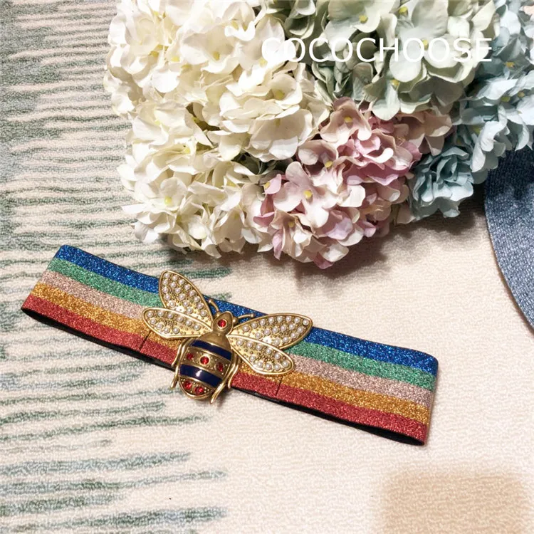 Женский трикотажный ремень в радужную полоску с поясом принтом пчелы и бусинами