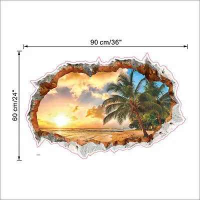 Большая Пальма пляж Закат 3D вид съемные наклейки на стену стикер домашний декор |