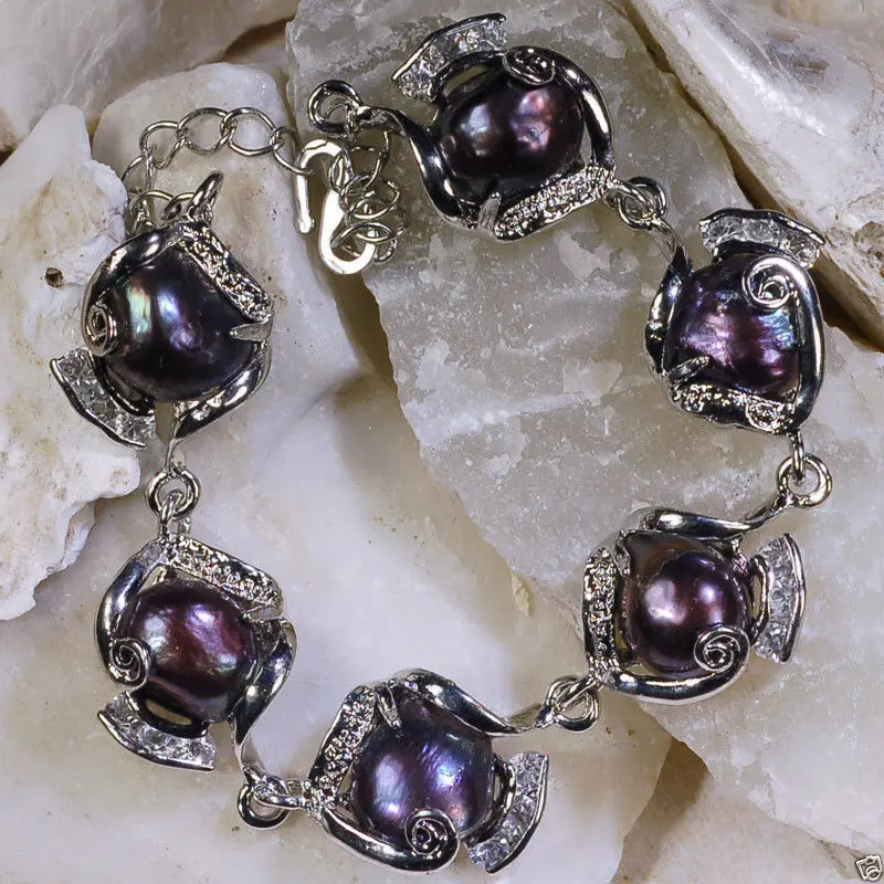 

Free shipping 002016 Fashion 10-11mm Black Natural Freshwater baroque Pearl Bracelet 9"