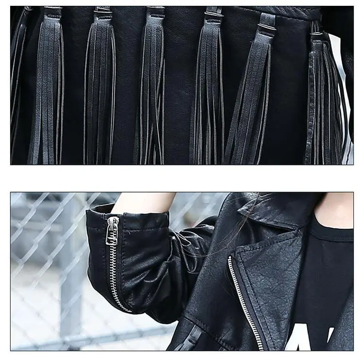 Модная куртка из искусственной кожи для детей; однотонная черная верхняя одежда; пальто; Детские Мотоциклетные Куртки из искусственной кожи; корейская детская одежда; топы с кисточками