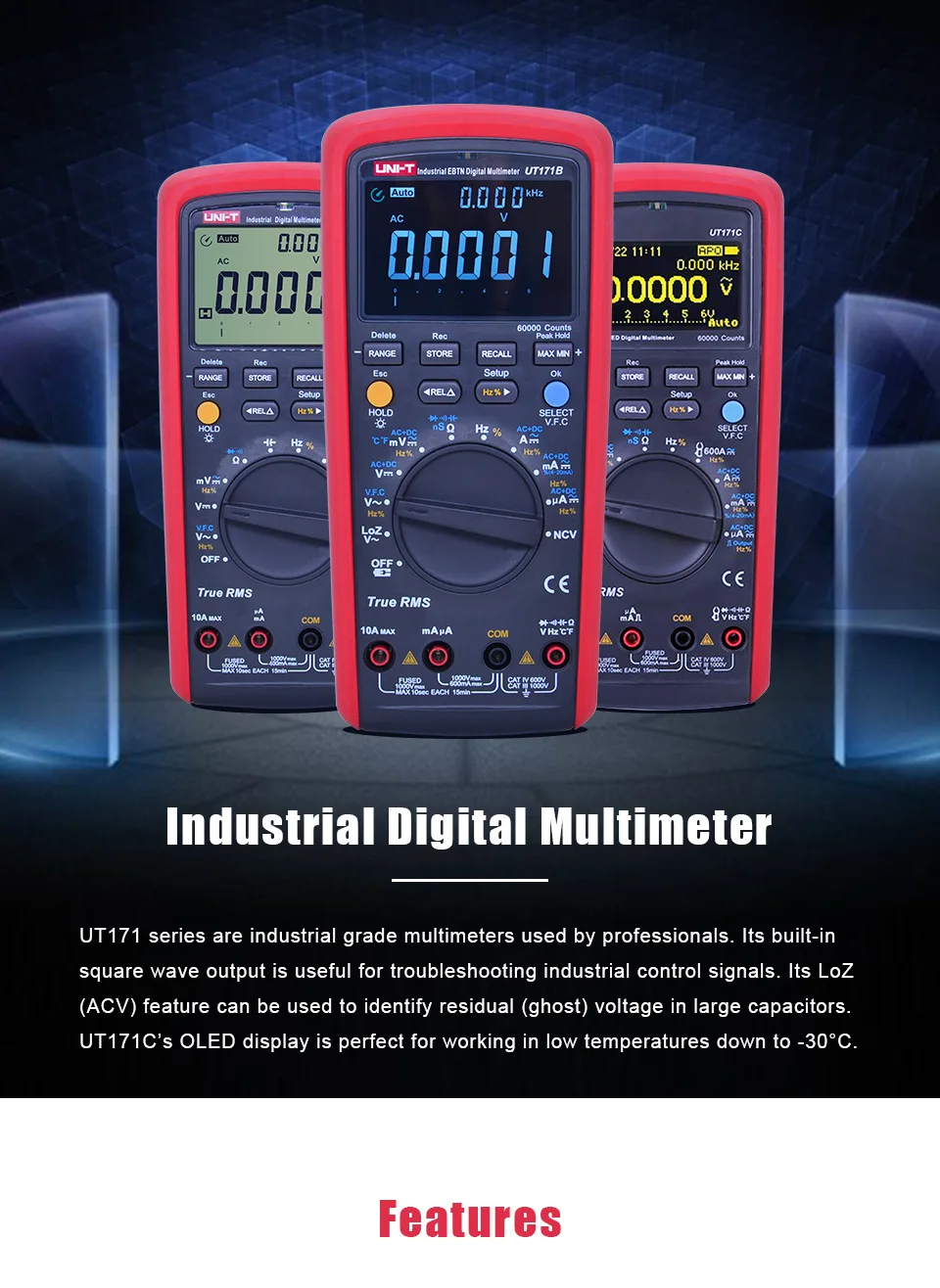 UNI-T UT171A/UT171B/UT171C промышленные истинные RMS Цифровые мультиметры; VFC измерение, USB/Bluetooth связь