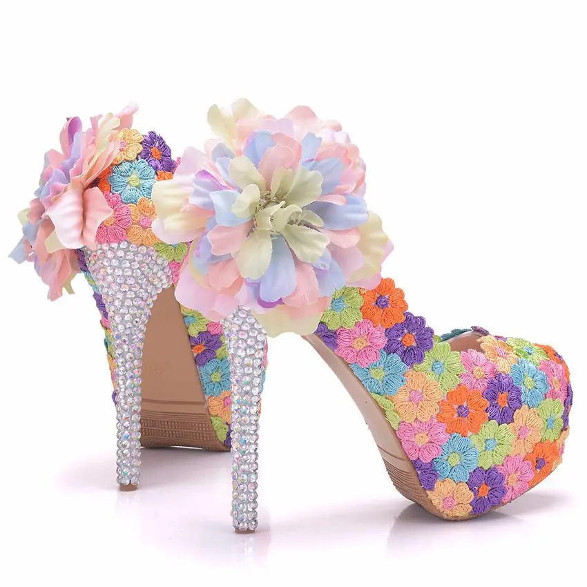 

Wedding Party Shoes Flowers Bowknot High Heels 14CM Ladies Shoes Pumps Ethnic Rainbown Color Pearl Pumps Platfrom Daily Footwear