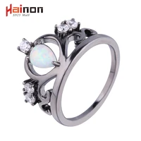 new arrival black gun plated elegant crown shaped fire opal ring with aaa cubic zircon best gift wedding ring white opal
