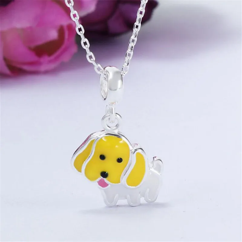 Cute Animal Real 925 Sterling Silver Necklace Fashion Blue Yellow Dog Choker Necklaces For Women Sterling-Silver-Jewelry H016 | Украшения и
