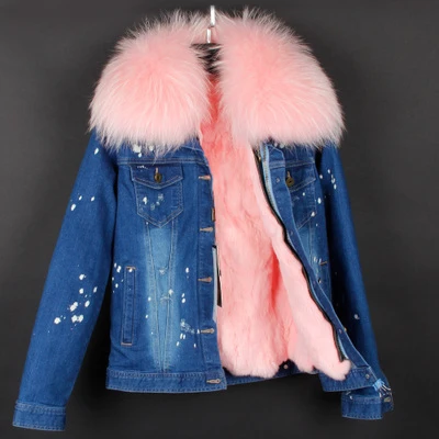pure pink Брендовая Новинка, осенне-зимняя куртка, пальто, женская джинсовая куртка с дырками, настоящий большой воротник из меха енота, натуральный мех кролика, толстая теплая подкладка - Цвет: pure pink