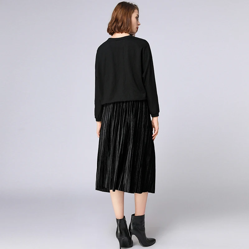

Large size ladies' fat MM Autumn new fashion Pleated lace-up casual skirt plus size Elegant skirt high range velvet black shirt