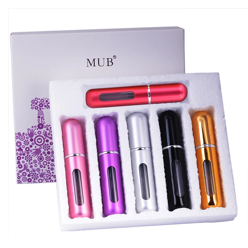 

MUB - 6 шт., 5 мл, многоразовый портативный мини-флакон для духов и путешественников, алюминиевый спрей, флакон для духов с упаковочной коробкой