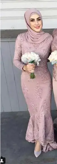 as pic Новые мусульманские Арабская Высокая шея с длинным рукавом нарядные платья длинное, до лодыжки аппликация кружева Бледно-розовый Для женщин торжественное платье - Цвет: as pic