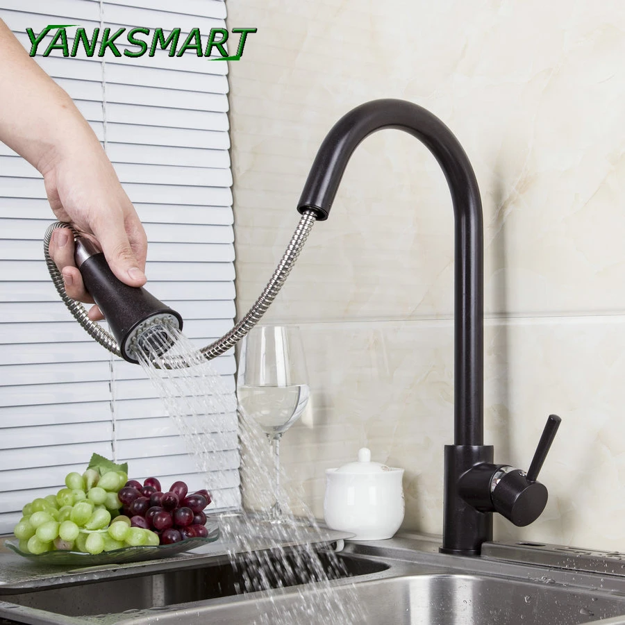 

YANKSMART выдвижной кухонный смеситель из твердой латуни с черным покрытием, Поворотный смеситель для раковины с одной ручкой, кран с поворотным носиком