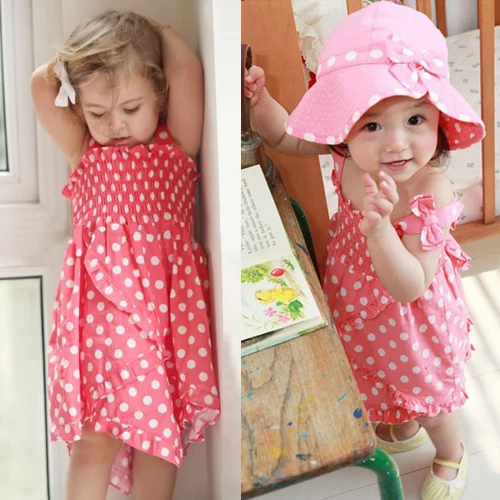 Девочка Розовый Точка Экипировка Костюм 3 шт. Dress + Трусики Шляпа Набор Детей