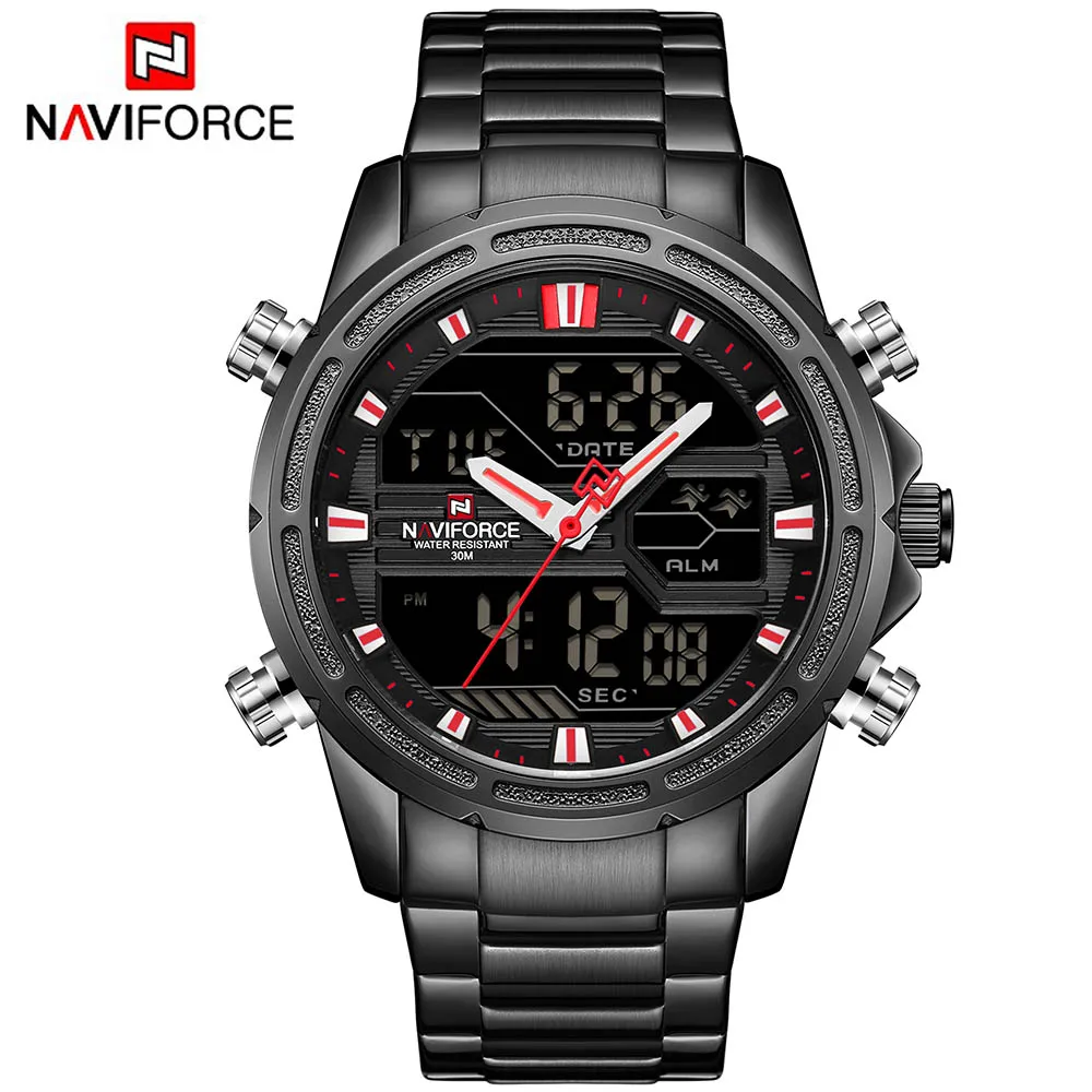 S Black Red NAVIFORCE Мужские кварцевые аналоговые часы Роскошные модные спортивные водонепроницаемые наручные часы Стальные Мужские часы Часы Relogio Masculino NF9138 - Цвет: S Black Red