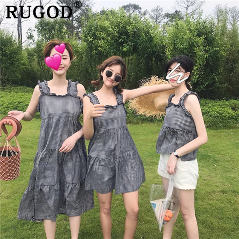 RUGOD 2019 клетчатое свободное женское платье на бретелях летняя с высокой талией