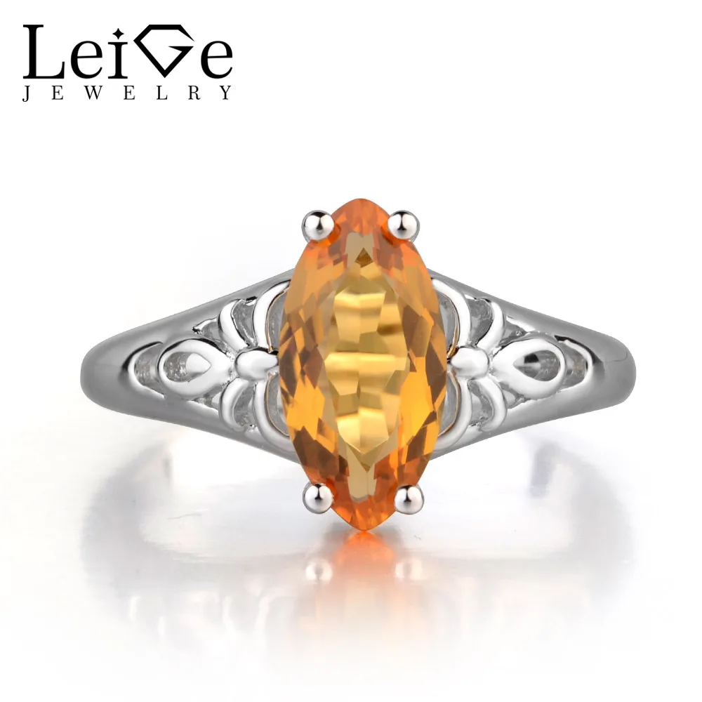 

Leige Jewelry Yellow Color Natural Citrine Gem Marquise Cut Ring Engagement Romantic Gift For Girl Solitaire Ring 925 Silver