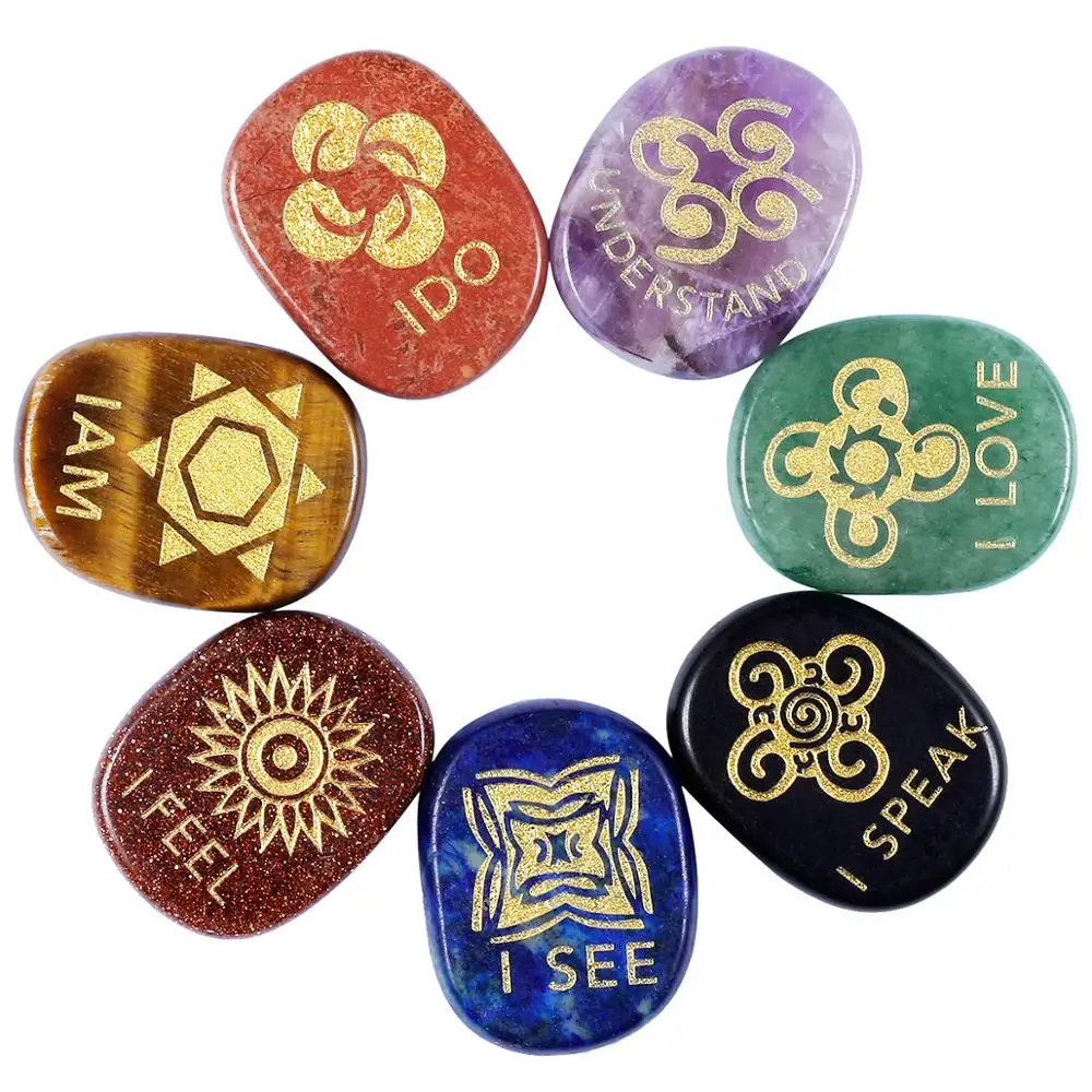 TUMBEELLUWA 7 Chakra Engraved Symbols Crystal Healing Reiki Energy Balancing Palm Stone Worry Stone,Set of 7
