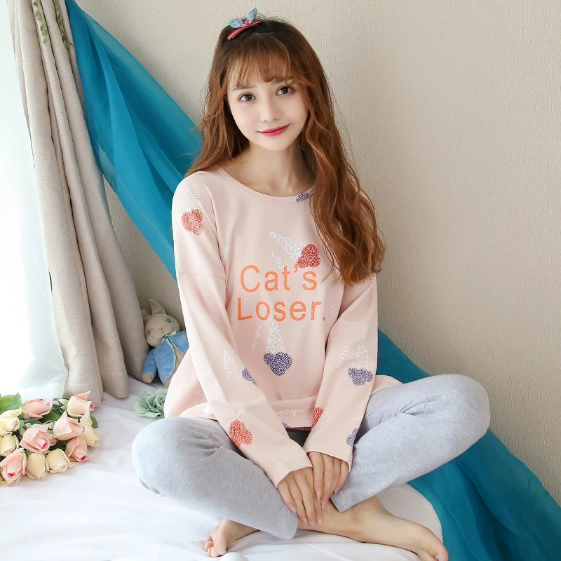 100% Cotton Pajama Sets For Women 2019 Autumn Long Sleeve Pyjama Girls Cute Pijama Night Suits Loungewear Homewear Home Clothing | Женская