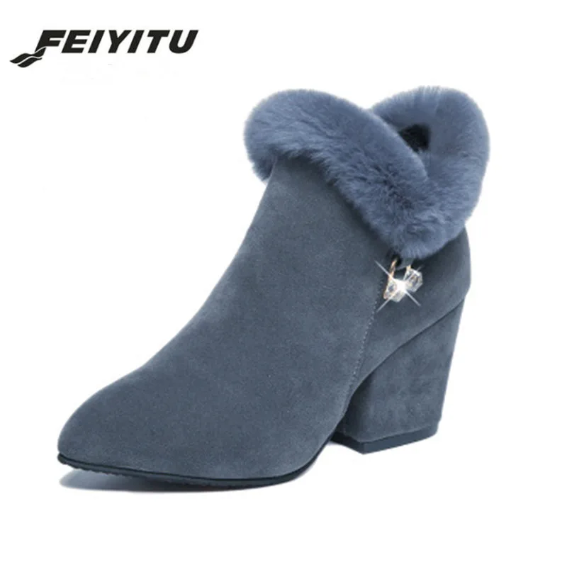 Новинка модная зимняя теплая женская обувь FeiYiTu из кроличьего меха на толстом