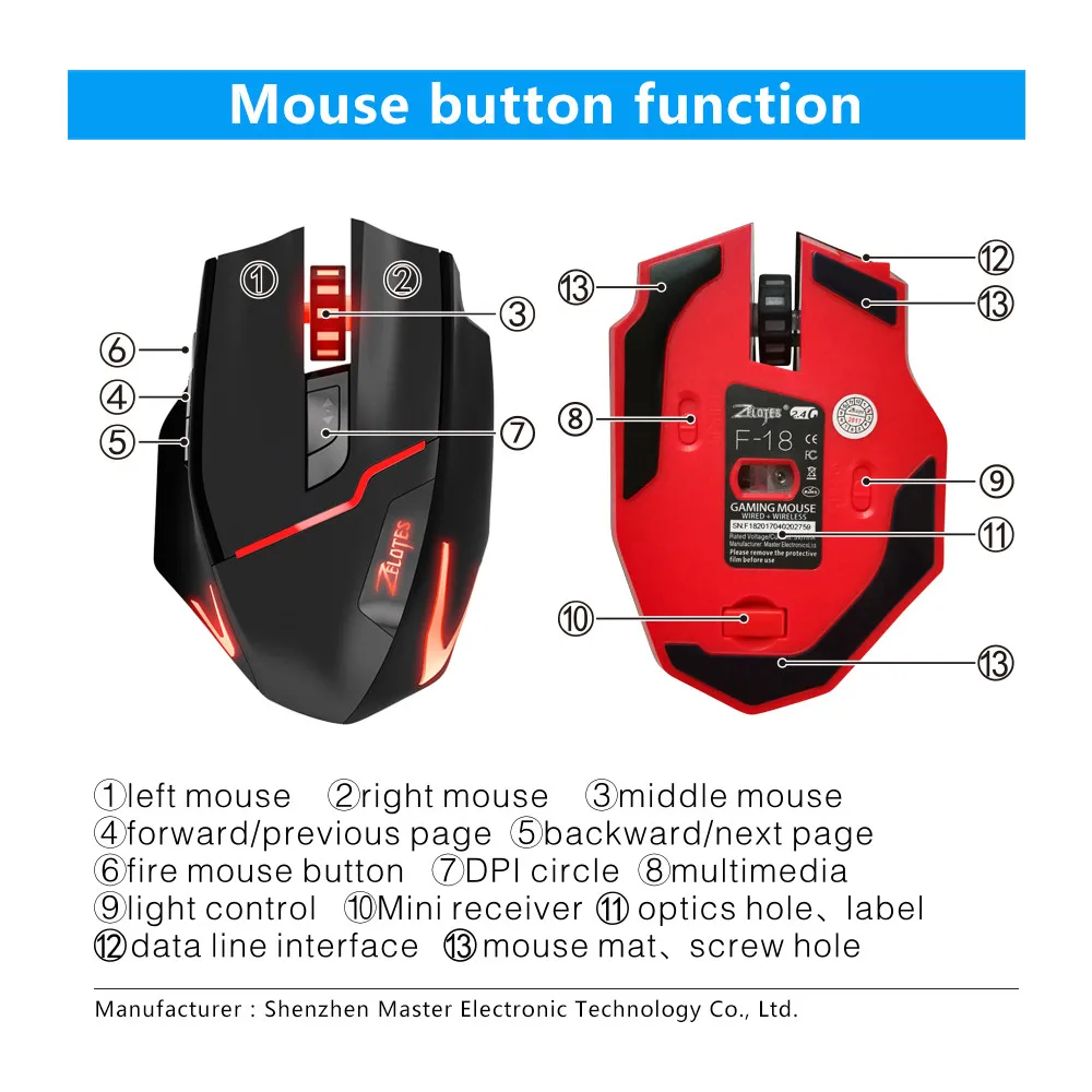 ZELOTES F 18 Двухрежимная игровая мышь 3200DPI провод/беспроводной Регулируемый DPI USB