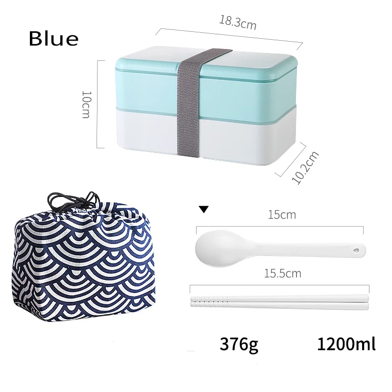 Blue With Bag Ланч-бокс двухслойная портативная коробка для бенто экологичный контейнер для еды для пикника герметичный Microwavable BPA бесплатно+ сумка 1.2л - Цвет: Blue With Bag