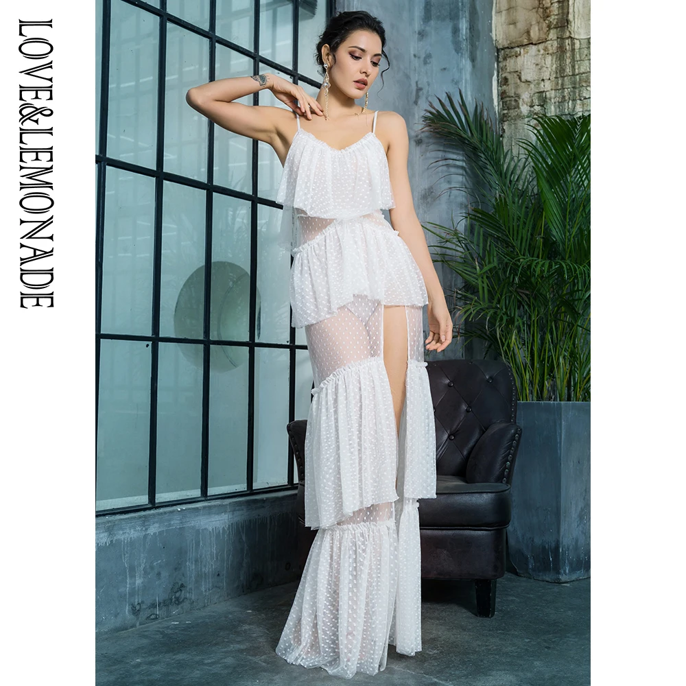 Длинное платье LOVE &amp LEMONADE LM81303 белое с глубоким треугольным вырезом и оборками |