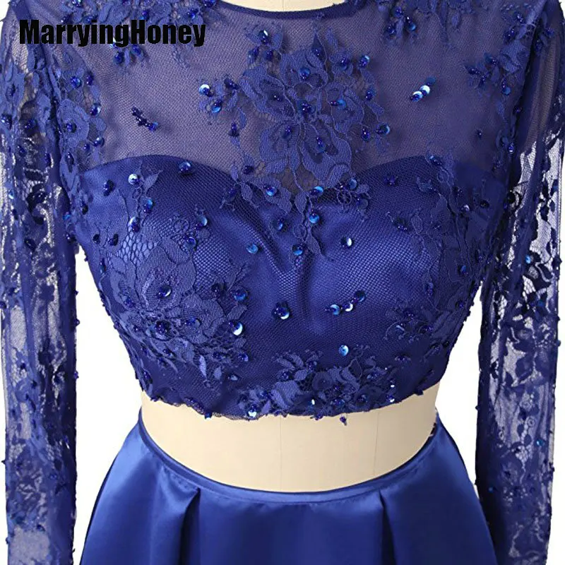 Новинка синий сексуальный укороченный топ атласные вечерние платья с длинными