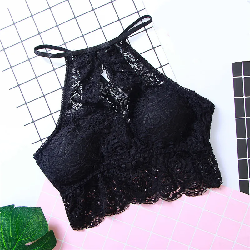 Sexy Lingerie Hot Lace Halter Bralette 3/4 Cup Women's Underwear Comfortable Wireless Bra Female Tops | Женская одежда