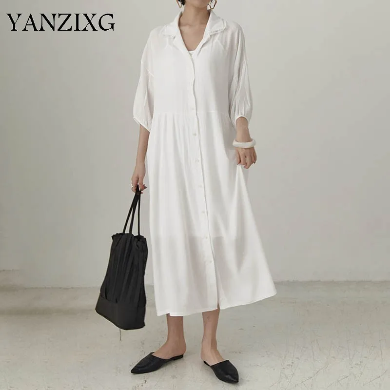 Summer Dress 2019 Fashion Lapel Half Sleeve Solid Patchwork Single Breasted Vintage Loose Long Shirt Women E073 | Женская одежда