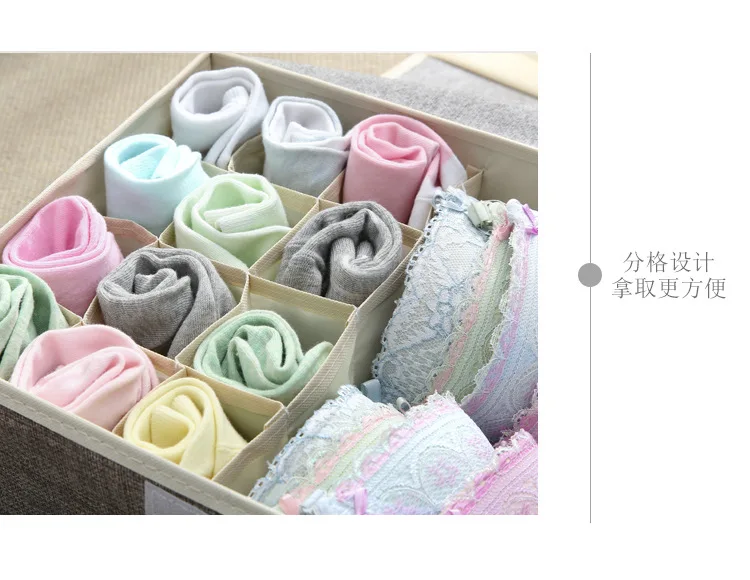 Cotton linen underwear receipt box multi-lattice foldable bra finishing with covered socks storage box underwear organizer